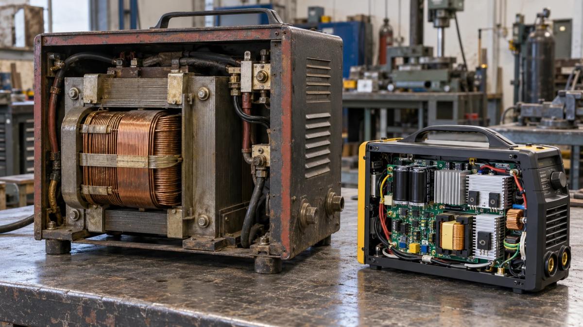Máquina de solda transformadora com grande núcleo de ferro e bobinas de cobre ao lado de uma inversora compacta com componentes eletrônicos expostos.