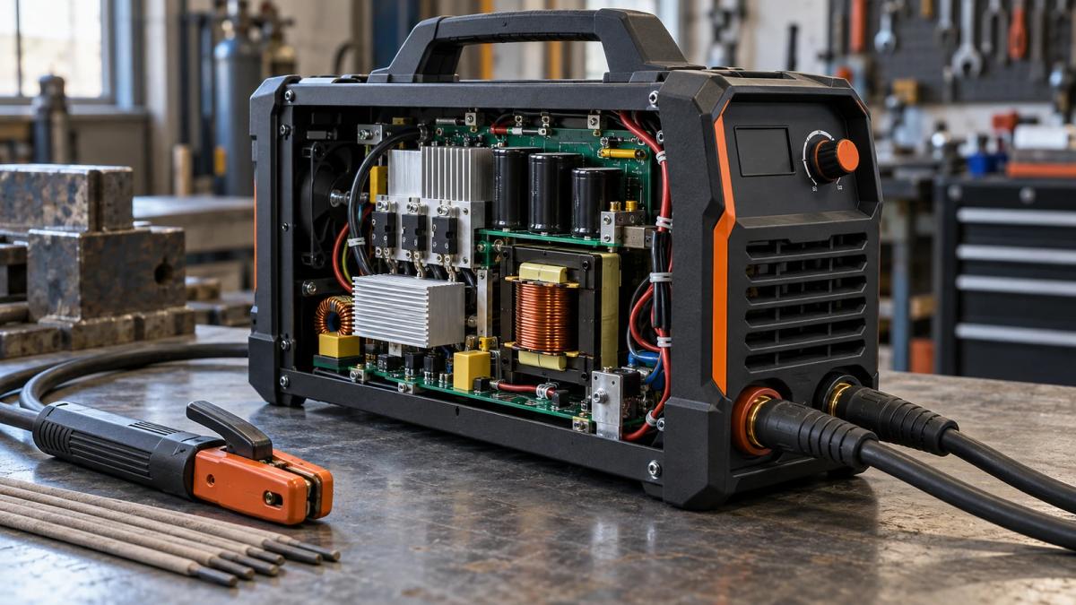 Máquina de solda inversora com a lateral aberta, mostrando componentes eletrônicos, transformador e dissipadores, sobre uma bancada com eletrodos.