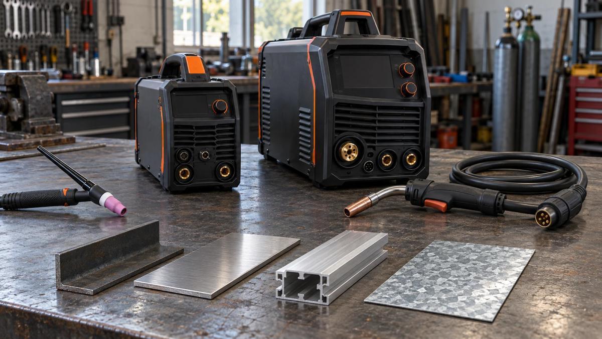 Amostras de aço carbono, inox, alumínio e aço galvanizado sobre uma bancada, com duas máquinas de solda inversoras ao fundo.