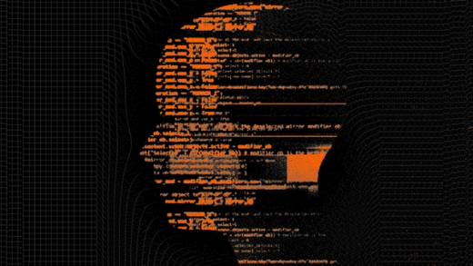 Human head silhouette filled with orange computer code on a dark digital background.