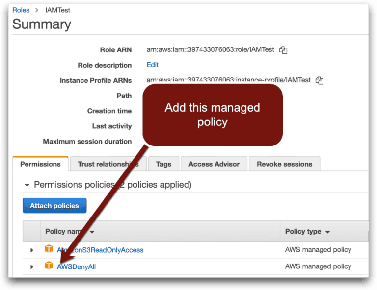 Image showing Option 1: Add a Deny All Policy to the Role.