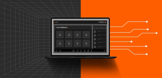 Laptop displaying a "Live Webinar" interface, with a dark grid background on the left and an orange background with circuit lines on the right