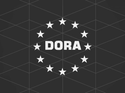 White "DORA" text surrounded by 12 white stars, resembling the EU flag, on a dark grey geometric background.