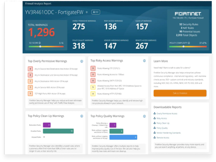 A screenshot of a detailed firewall analysis report showing multiple warnings via the FireMon platform.