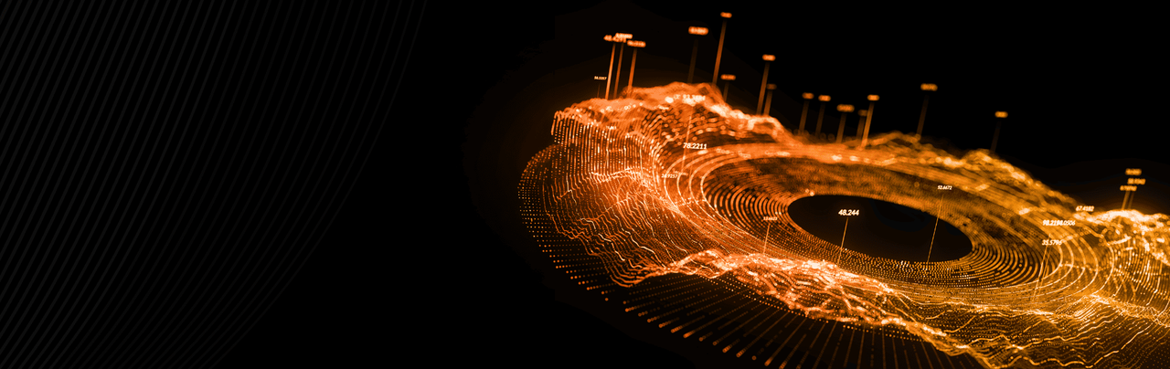 Abstract glowing orange 3D data visualization with numerical markers on a dark background.