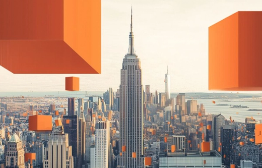 New York City skyline with the Empire State Building and numerous floating orange cubes.