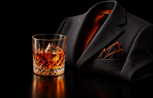 A whiskey glass with ice next to a dark grey suit jacket with an orange lining and a black and orange pocket square.
