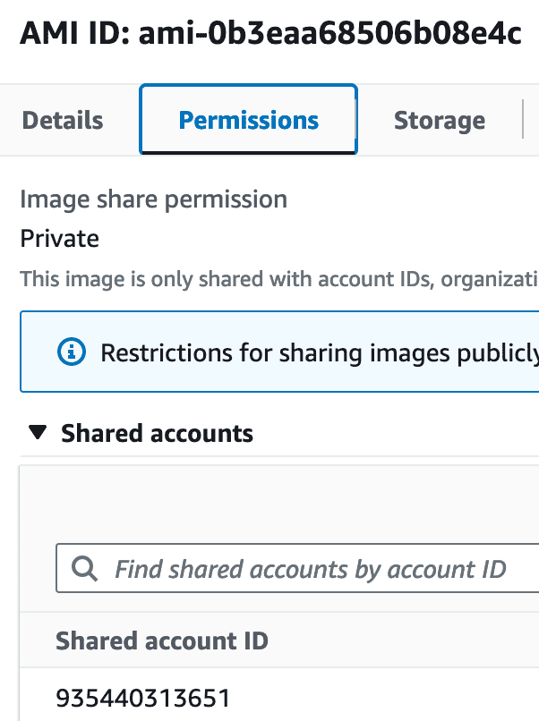 AMI details: Permissions are private, with shared account ID 935440313651.