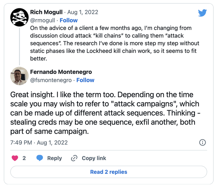 Thread of tweets between Rich Mogull and Fernando Montenegro.