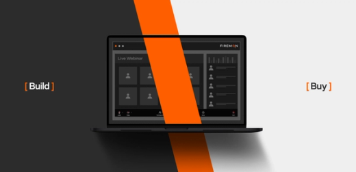 A laptop displaying a webinar interface, on a background split between "Build" (dark gray) and "Buy" (light gray) by an orange diagonal.