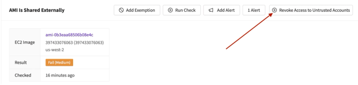 AMI shared externally, medium risk. A 'Revoke Access' button is highlighted.