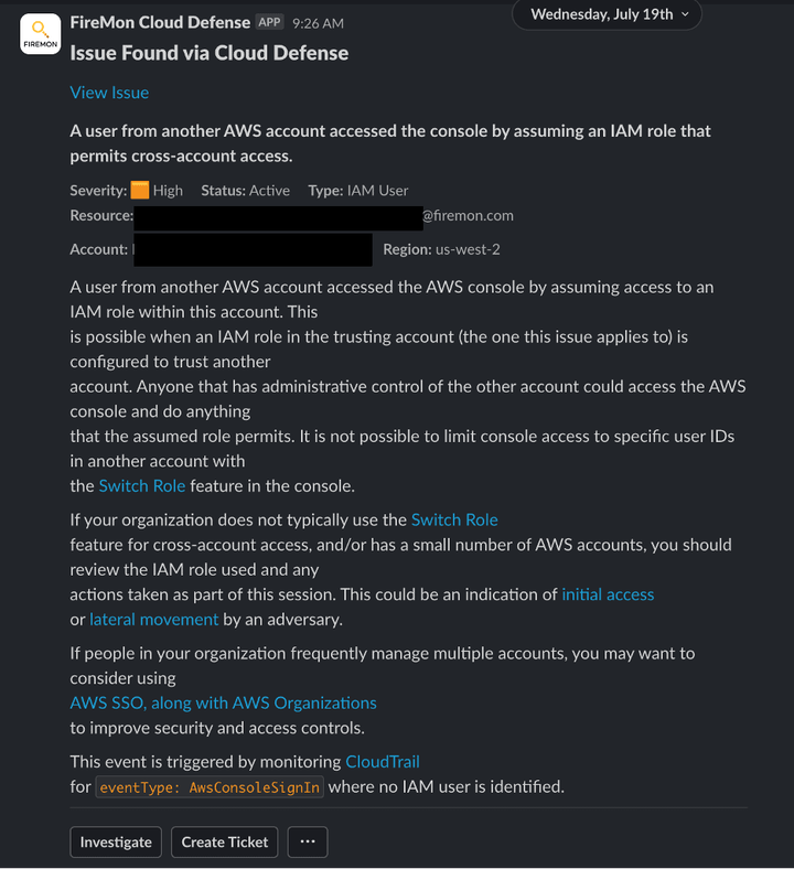 FireMon alert: High severity issue detected - cross-account access to AWS console via IAM role.