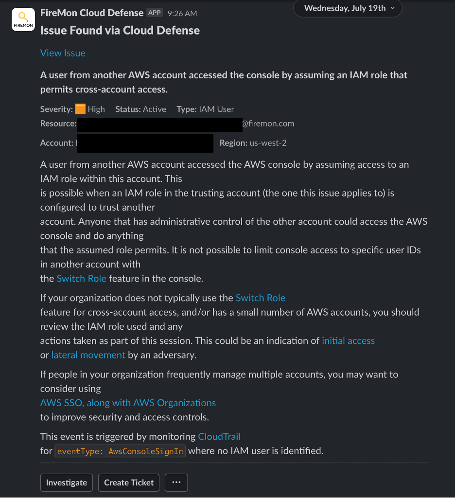 FireMon alert: High severity issue detected - cross-account access to AWS console via IAM role.