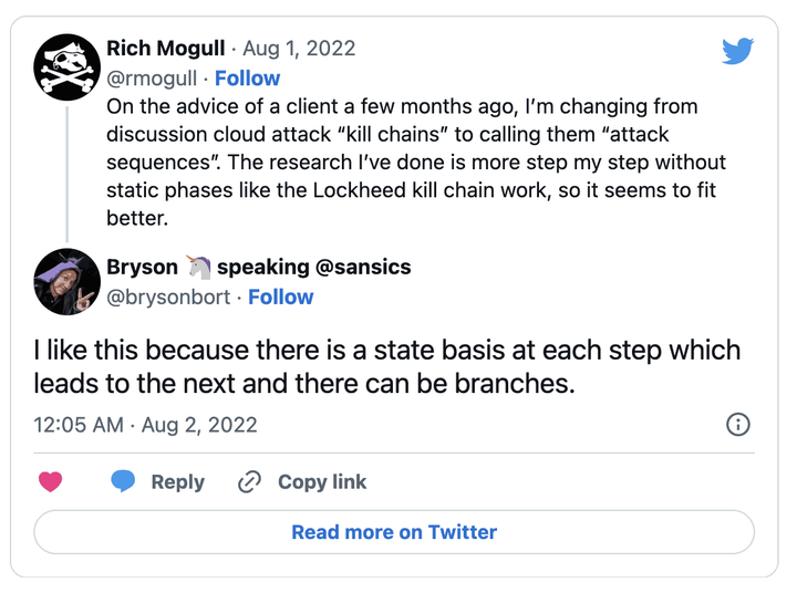 Thread of tweets between Rich Mogull and Bryson Speaking.