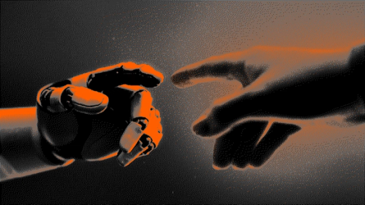 Orange and black image of a robot hand and a human hand reaching to touch fingertips.