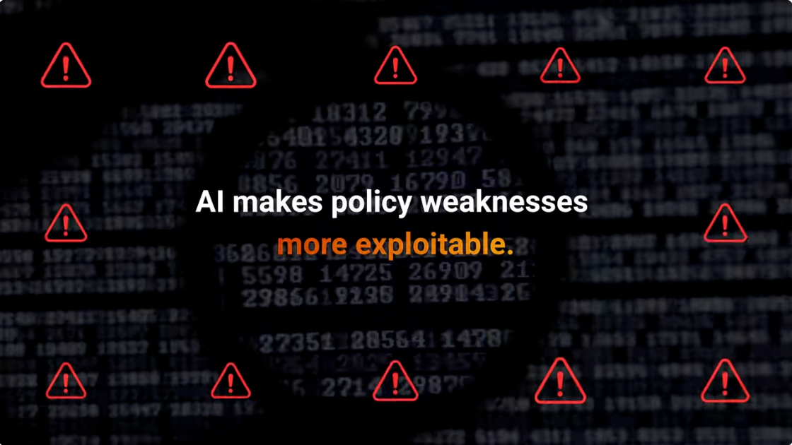 AI dark background with streaming numbers and multiple red warning signs. A magnifying glass highlights the text: "AI makes policy weaknesses more exploitable." 