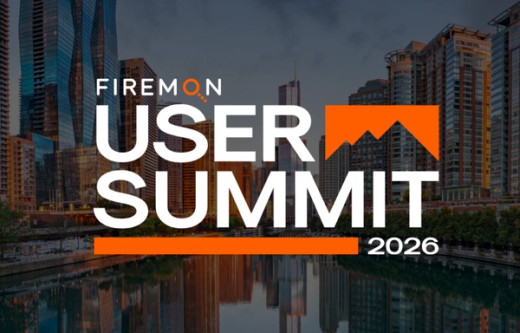 Event announcement: FireMon User Summit 2026, with white text and orange graphics over a dark cityscape.
