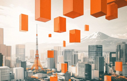 Stylized Tokyo cityscape with the orange Tokyo Tower and Mount Fuji, under a sky filled with floating orange rectangular blocks.