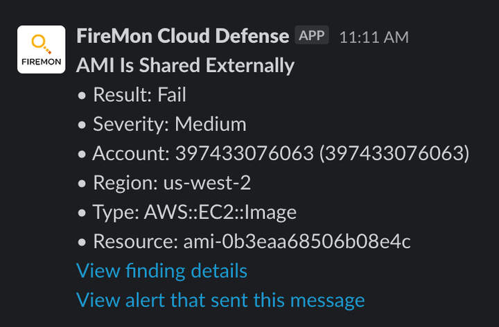 FireMon Cloud Defense alert: AMI shared externally, medium severity, fail result.