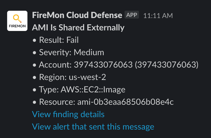 FireMon Cloud Defense alert: AMI shared externally, medium severity, fail result.