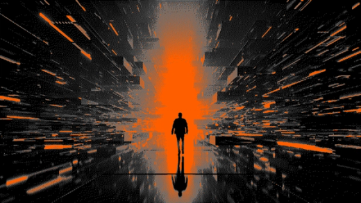 Silhouetted figure walking towards a glowing orange light at the end of a dark, data-filled corridor.