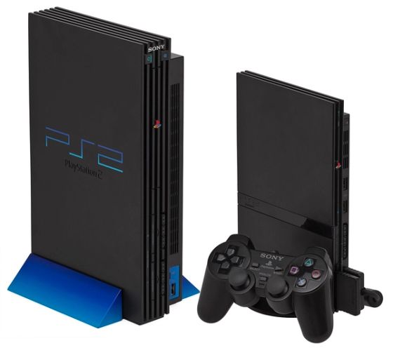 The original PS2 next to the 2004 Slim — 75% smaller