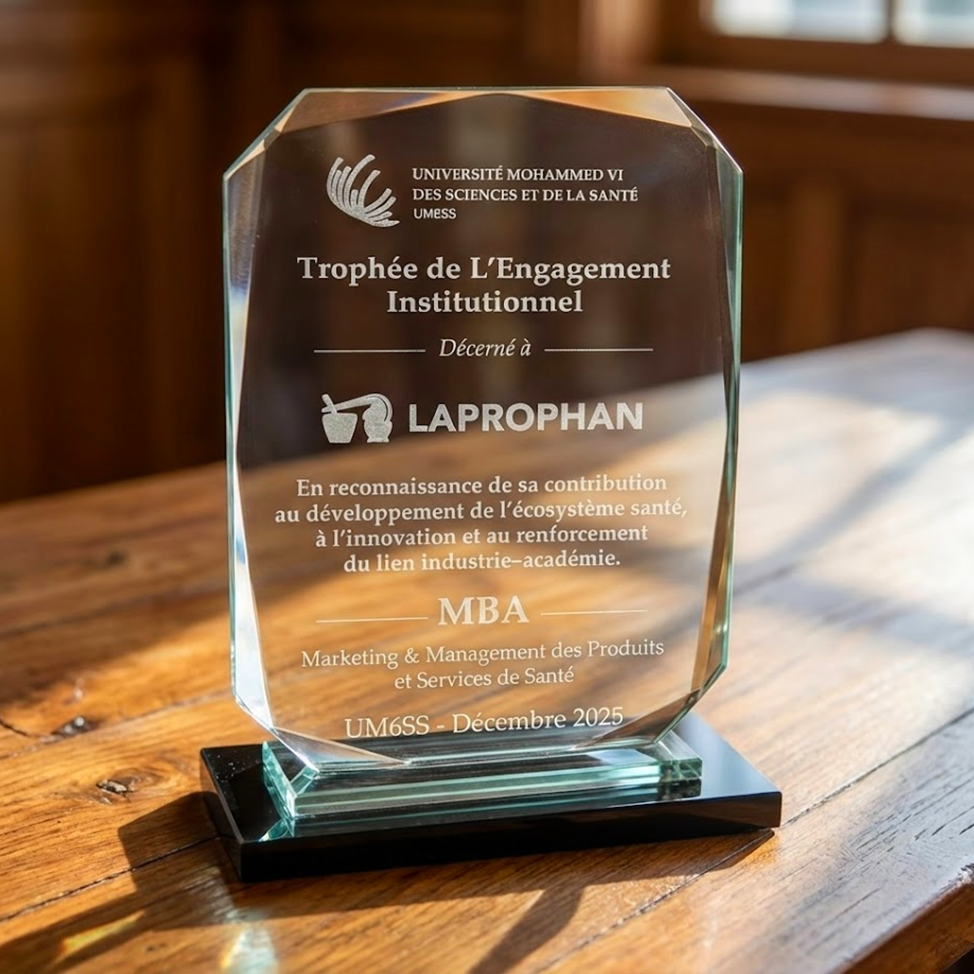 Trophée de l’Engagement Institutionnel décerné à Laprophan par l’UM6SS lors de la conférence sur l’IA et le marketing santé