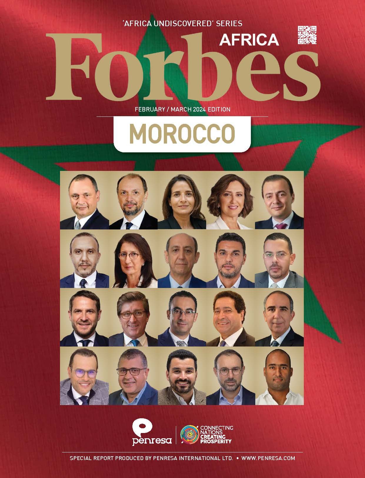 Couverture du magazine Forbes Africa édition Maroc 2024 présentant une mosaïque de portraits de dirigeants et d'experts