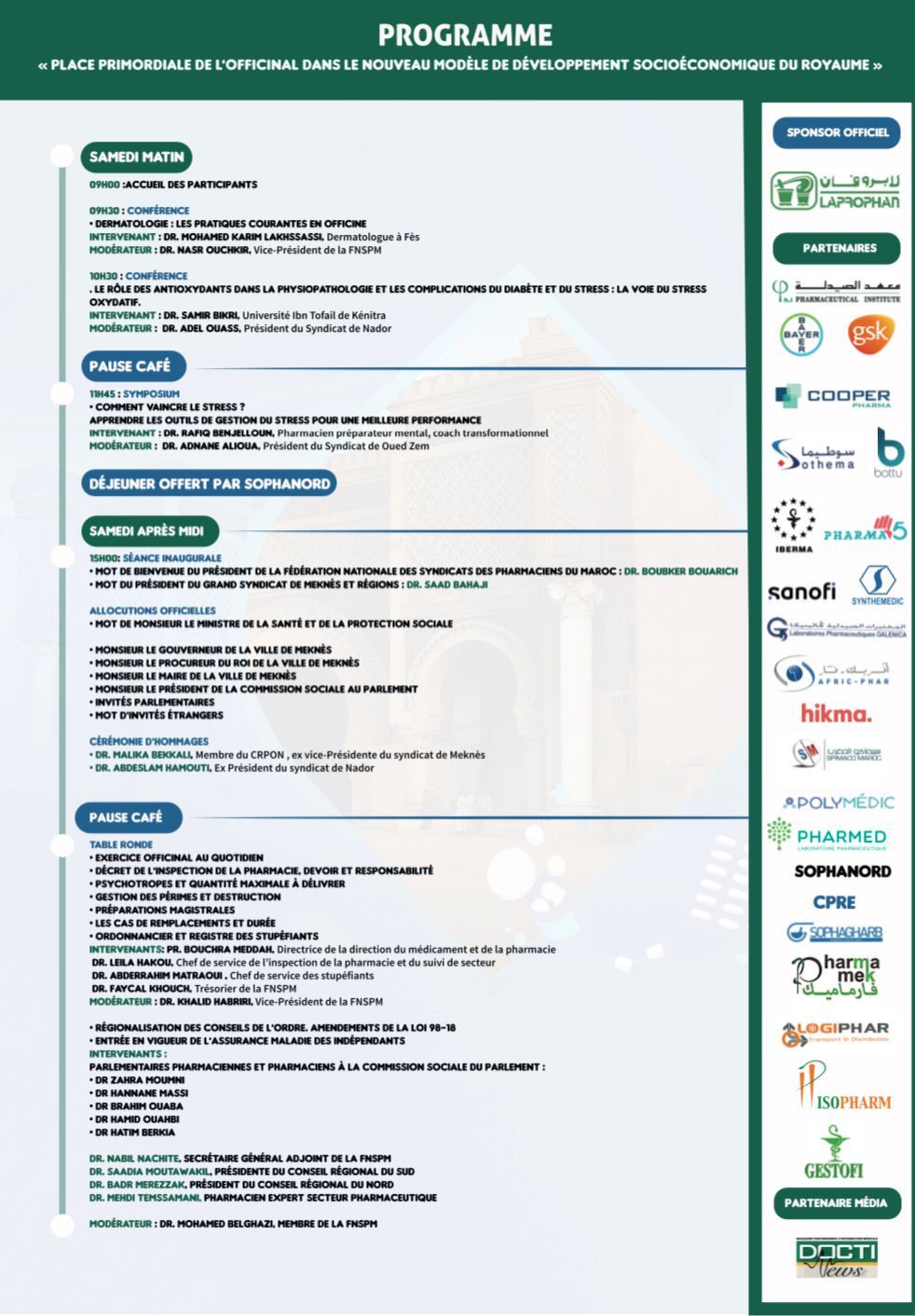 Programme détaillé du congrès de la FNSPM avec liste des conférences intervenants et logos des partenaires pharmaceutiques