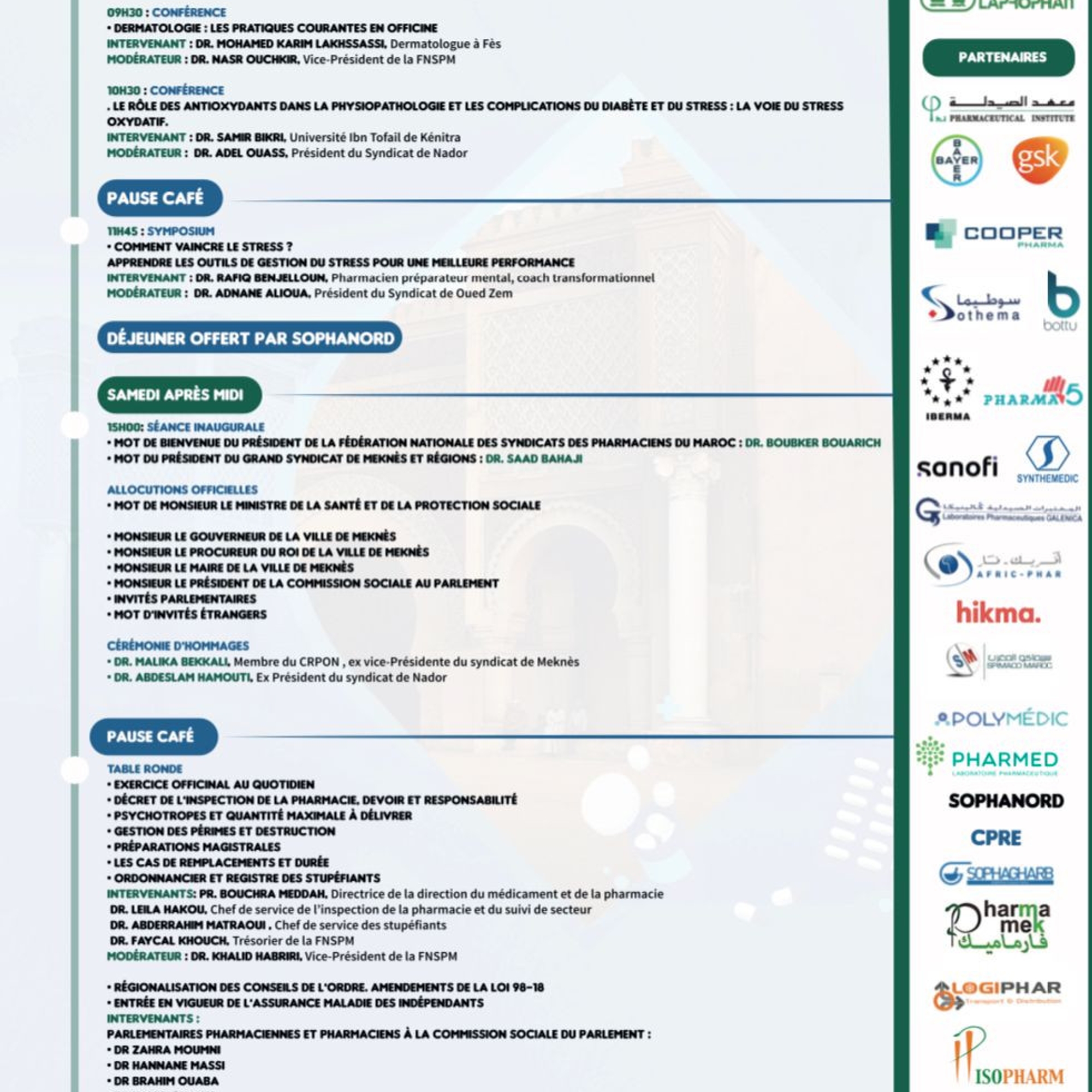 Programme détaillé du congrès FNSPM avec liste des conférences et logos des partenaires dont Laprophan sponsor officiel