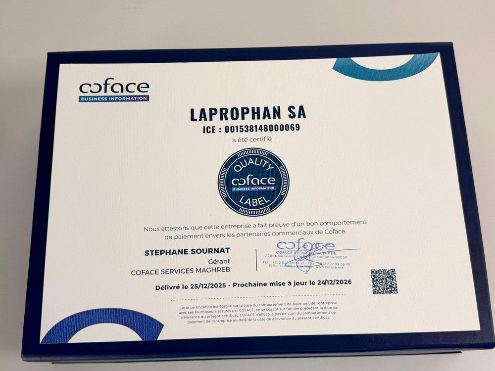 Certificat Coface Quality Label décerné à Laprophan SA attestant d'un bon comportement de paiement envers ses partenaires