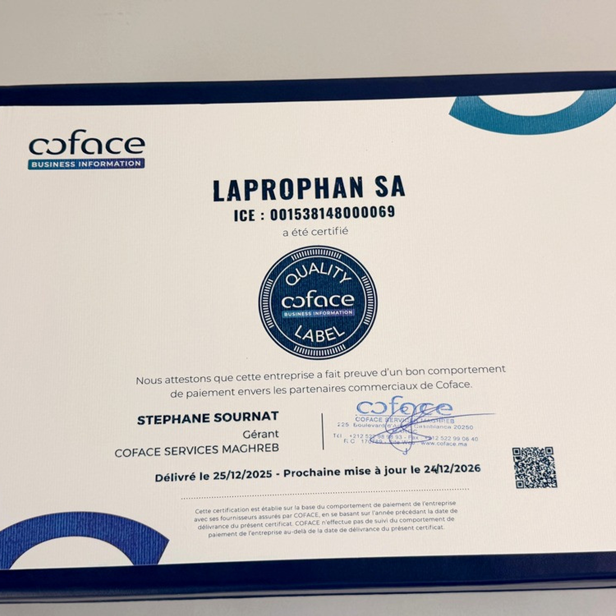 Certificat du Label Qualité Coface décerné à l'entreprise Laprophan SA pour son bon comportement de paiement
