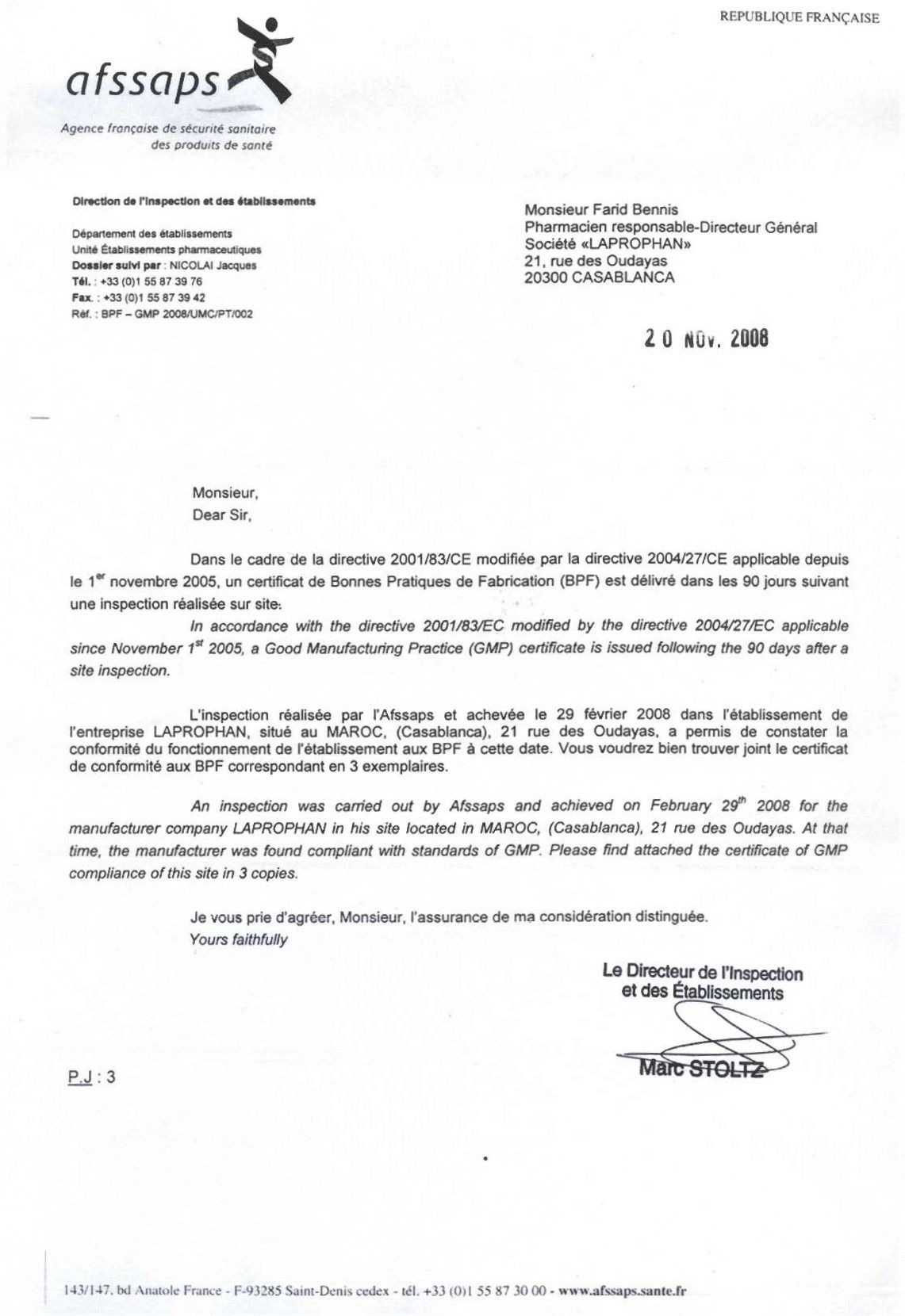 Courrier officiel de l'AFSSAPS confirmant la conformité aux Bonnes Pratiques de Fabrication pour la société Laprophan