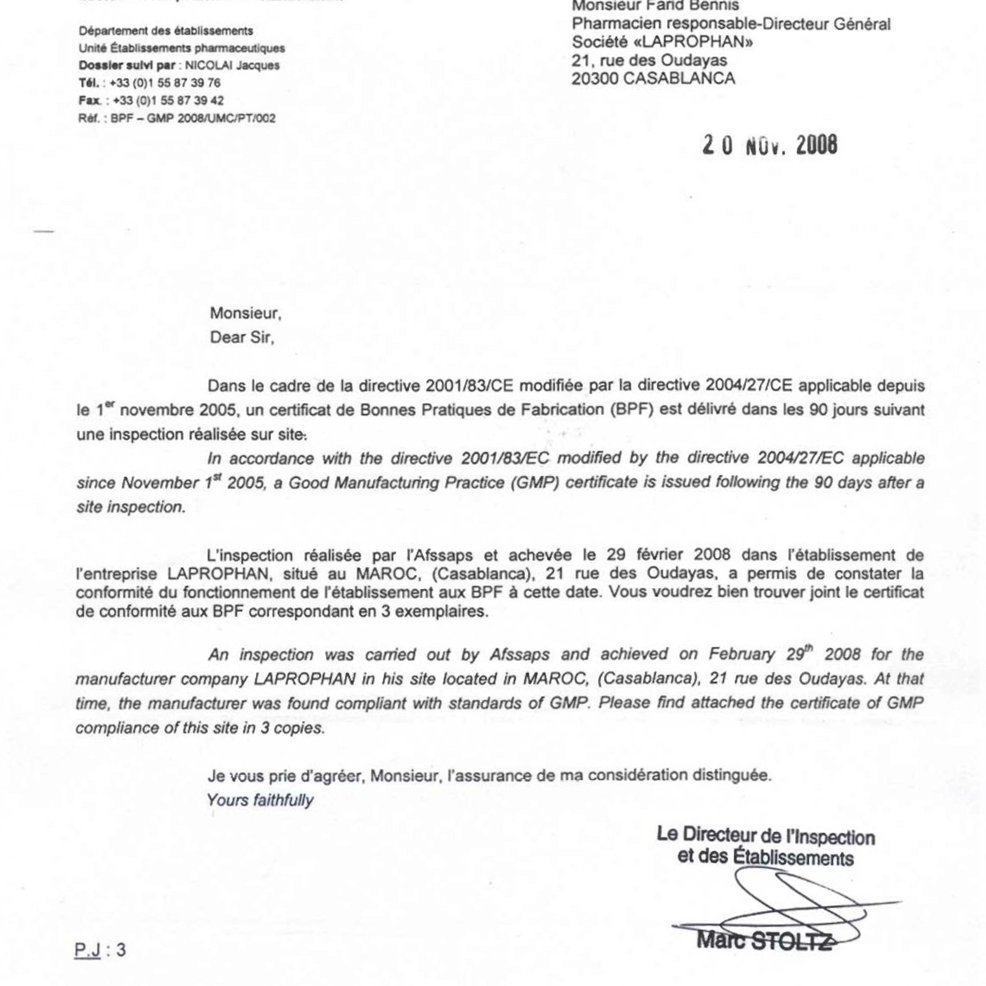 Courrier officiel de l'AFSSAPS confirmant la conformité aux Bonnes Pratiques de Fabrication pour la société Laprophan