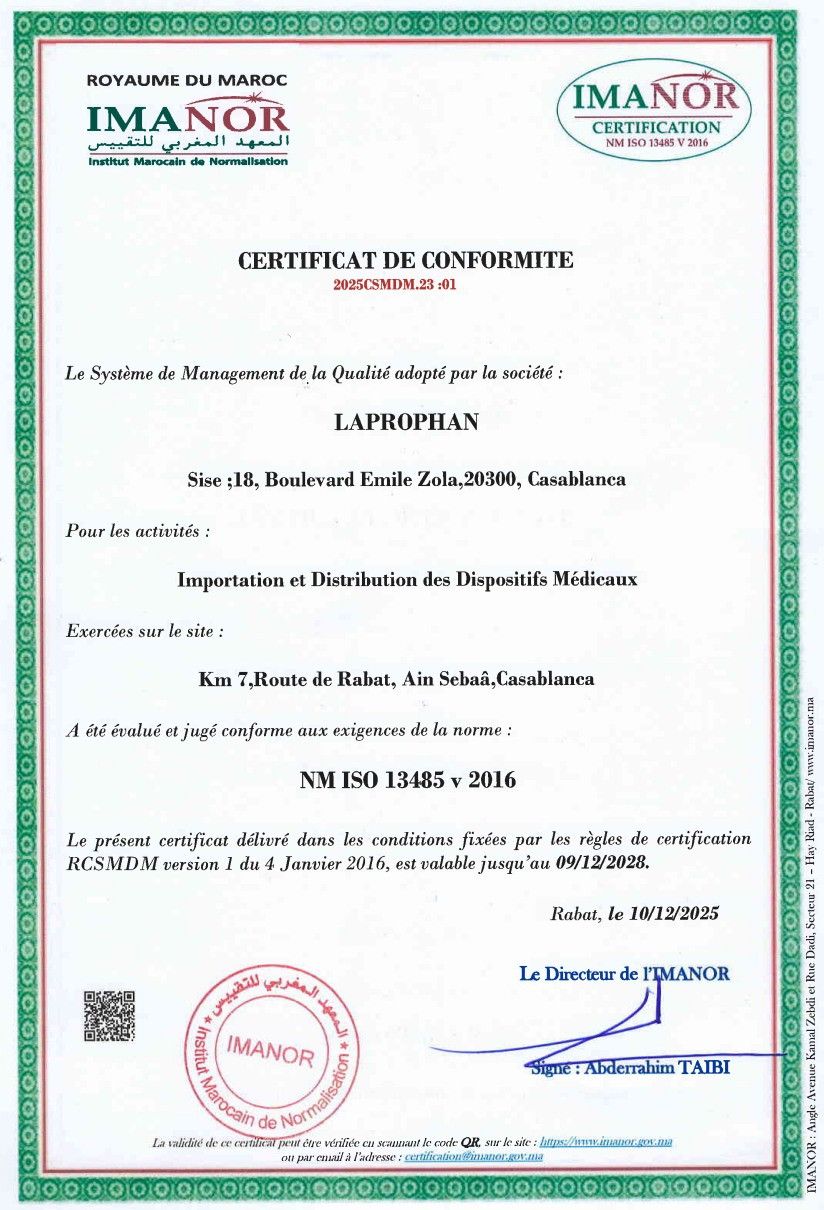 Certificat de conformité IMANOR NM ISO 13485 v 2016 délivré à la société Laprophan pour les dispositifs médicaux