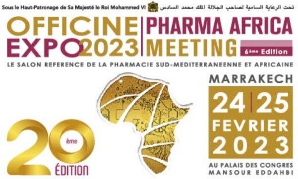 Affiche officielle d'Officine Expo 2023 et Pharma Africa Meeting à Marrakech les 24 et 25 février 2023