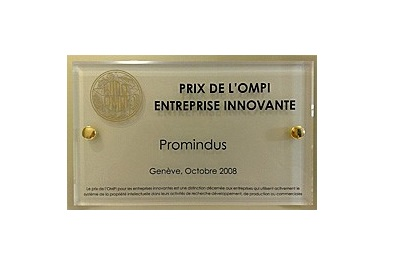 Plaque en verre du Prix de l'OMPI Entreprise Innovante décerné à Promindus à Genève en octobre 2008