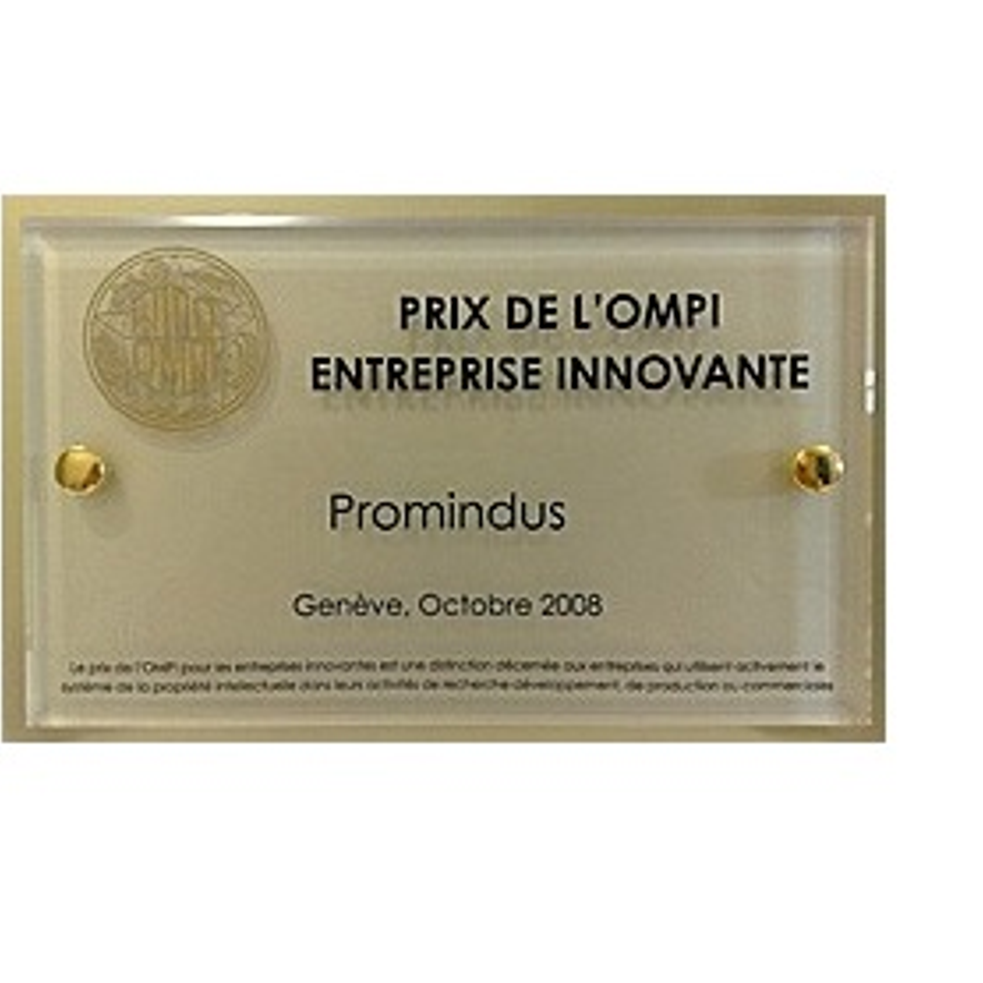 Plaque en verre du Prix de l'OMPI Entreprise Innovante décerné à Promindus à Genève en octobre 2008