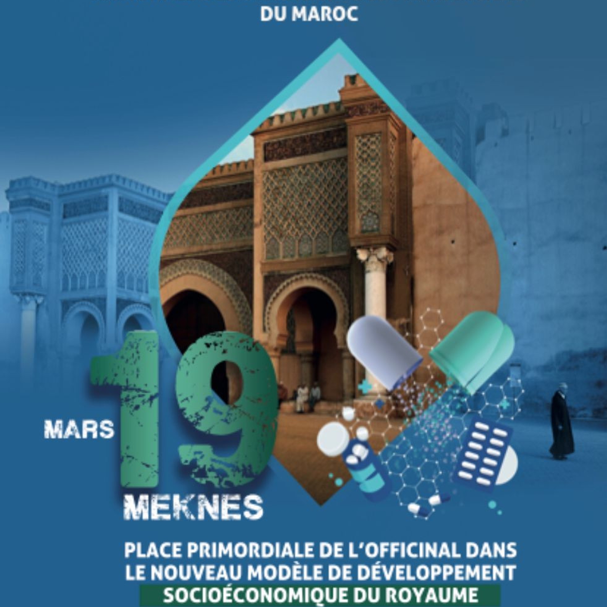 Affiche du 19ème Congrès International de la FNSPM à Meknès sur le rôle de l'officinal dans le développement du Maroc