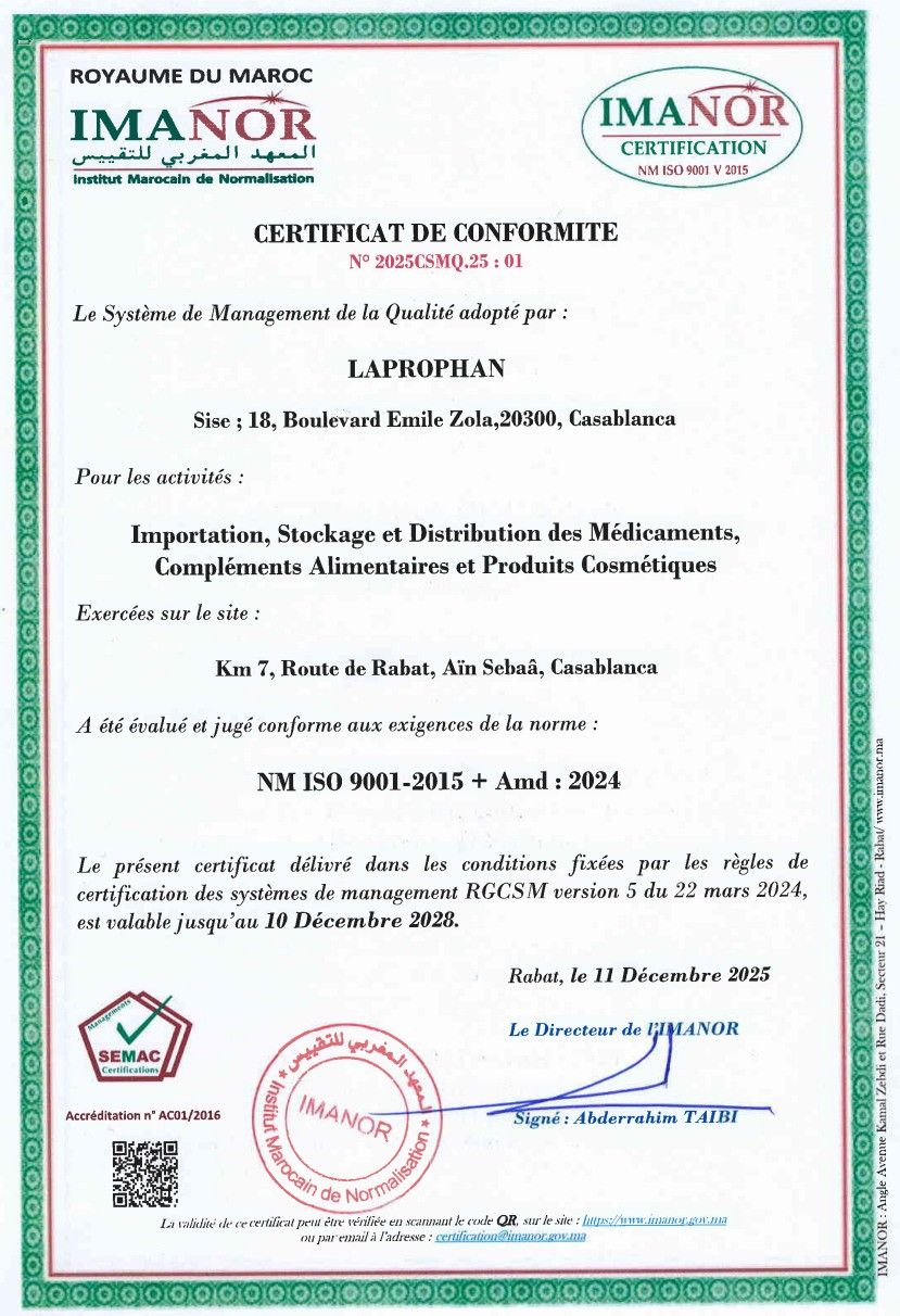 Certificat de conformité IMANOR NM ISO 9001-2015 délivré à Laprophan pour son système de management de la qualité