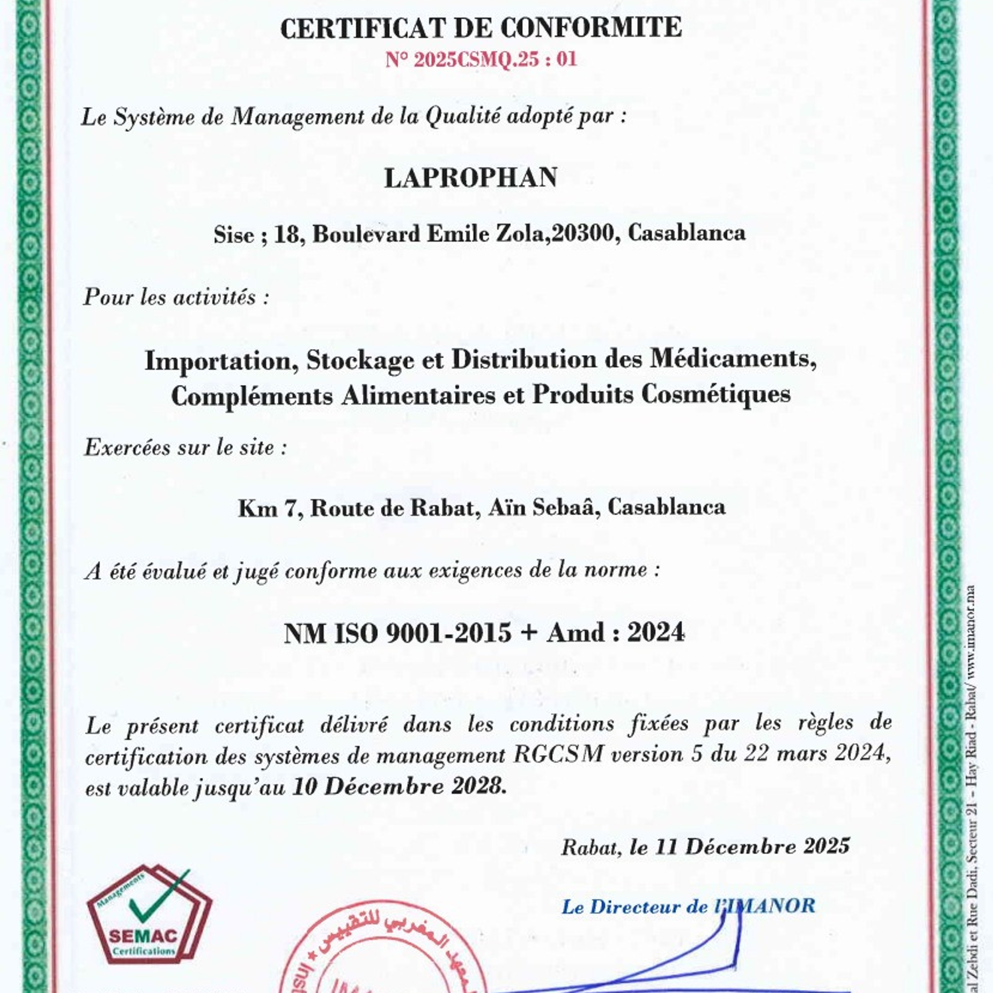 Certificat de conformité IMANOR NM ISO 9001-2015 délivré à Laprophan pour son système de management de la qualité