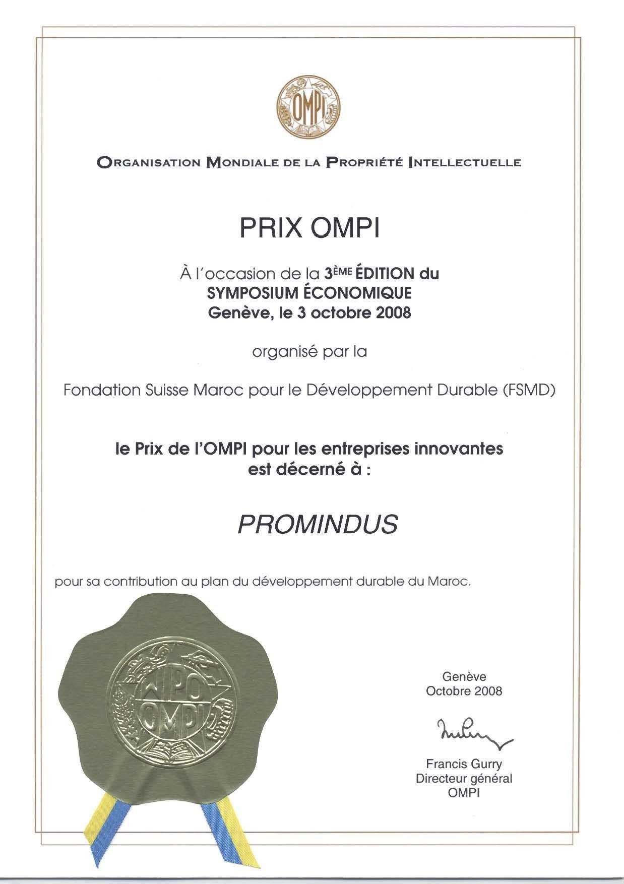 Diplôme du Prix OMPI pour les entreprises innovantes décerné à Promindus à Genève en octobre 2008