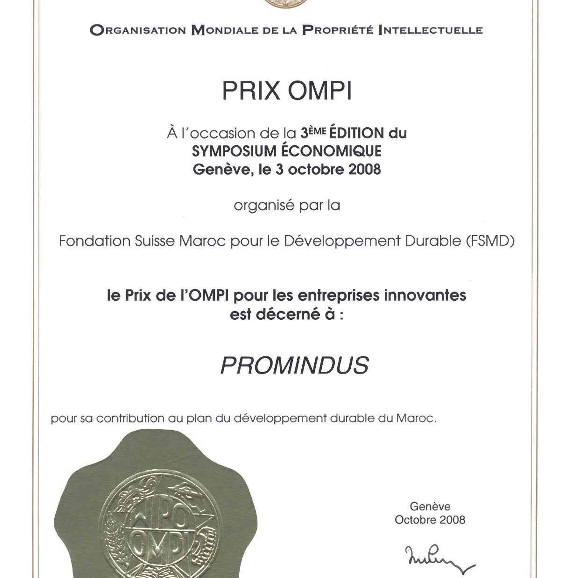 Diplôme du Prix OMPI pour les entreprises innovantes décerné à Promindus à Genève en octobre 2008