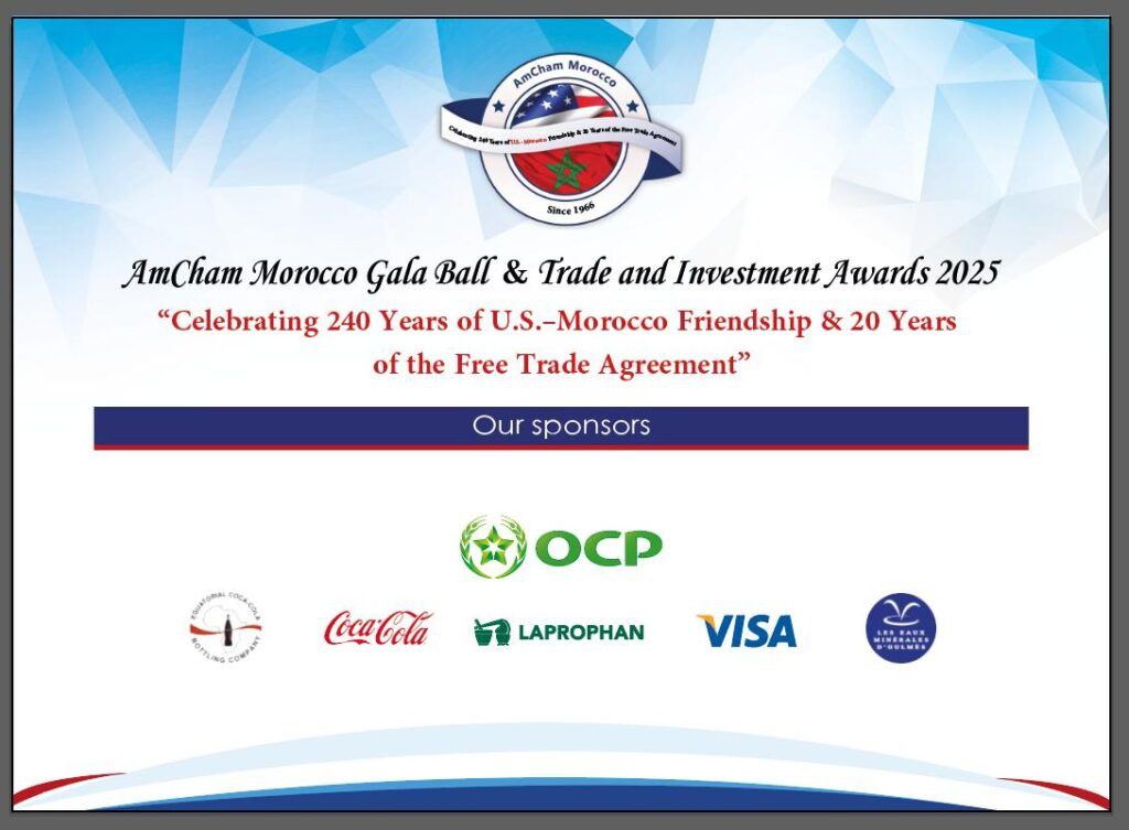 Affiche AmCham Morocco Gala Ball 2025 célébrant l'amitié USA-Maroc avec les logos des sponsors dont Laprophan et OCP