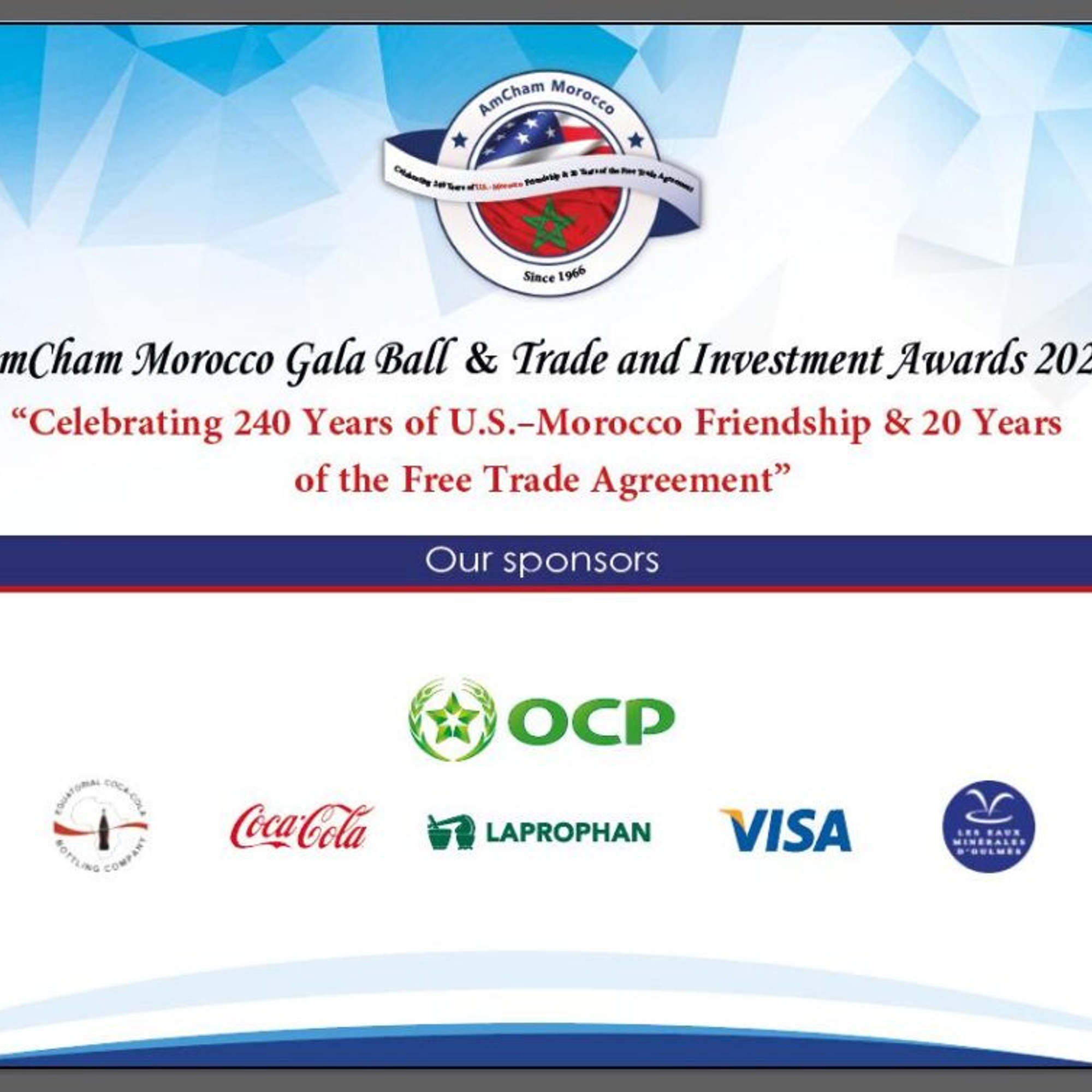 Affiche AmCham Morocco Gala Ball 2025 avec les logos des sponsors dont Laprophan OCP Coca-Cola et Visa