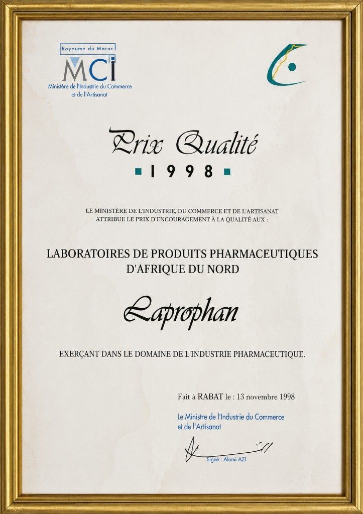 Prix Qualité 1998 : Laprophan reçoit le Prix d'Encouragement à la Qualité du Ministère de l'Industrie