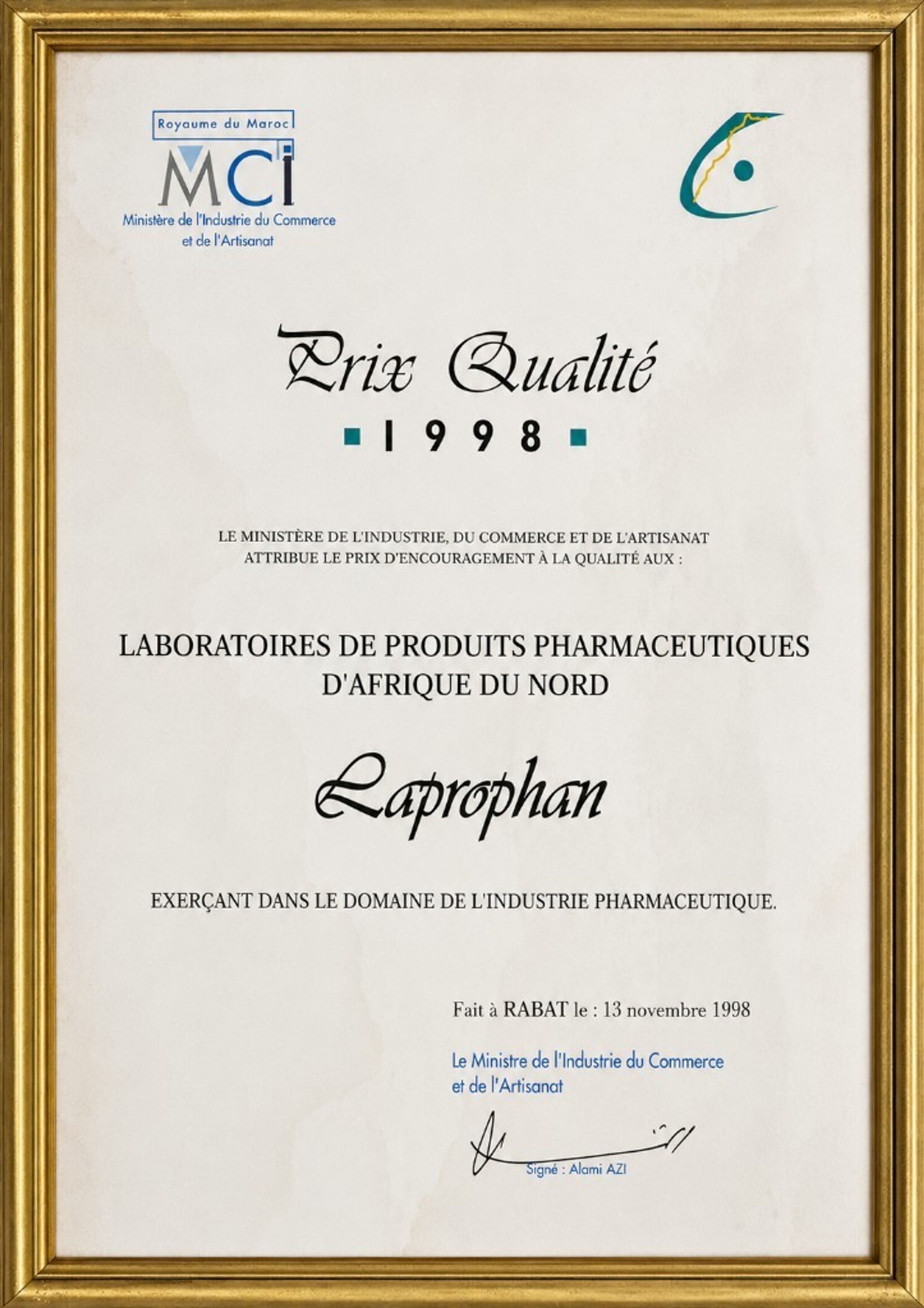 Prix Qualité 1998 : Laprophan reçoit le Prix d'Encouragement à la Qualité du Ministère de l'Industrie