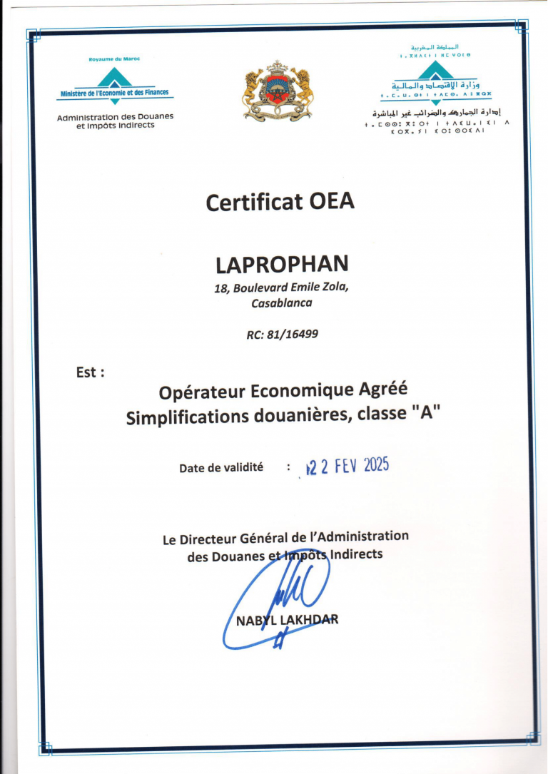 Laprophan obtient le certificat AEO