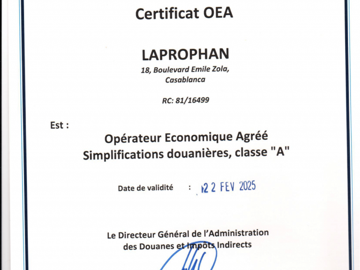 Laprophan obtient le certificat AEO