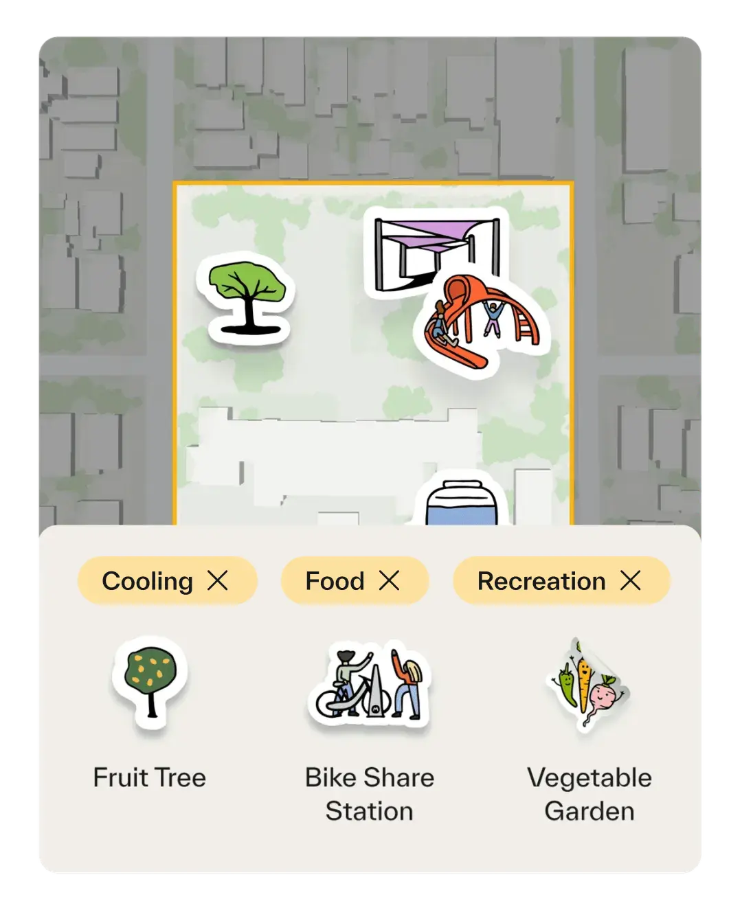 A project sketch set to prioritize cooling, food, and recreation reveals corresponding remedies suggested by the Field Kit, including a fruit tree, bike share station, and vegetable garden.
